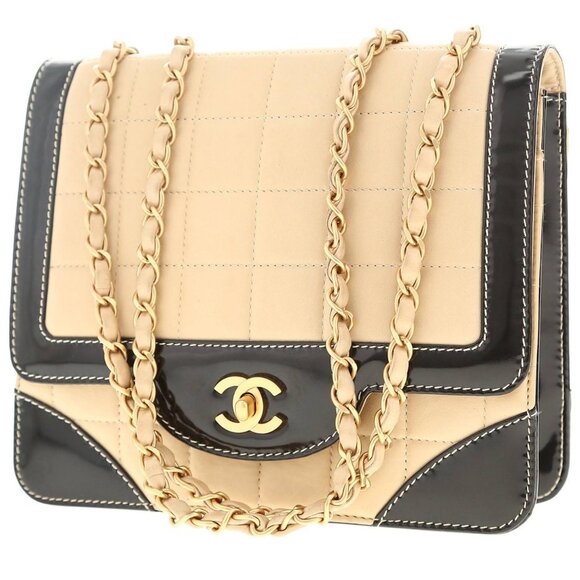 Authentic CHANEL CC Lambskin Patent Chocolate Bar Flap Bag Chain Beige Black - Picture 6 of 15